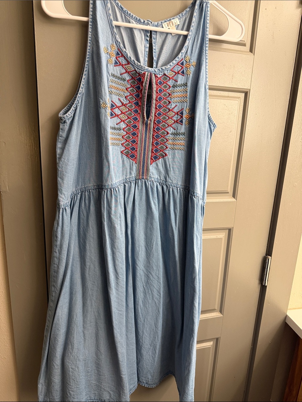Light Denim Chambray Blue Embroidered Sleeveless Dress